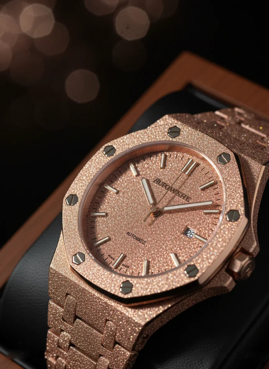 Luxury watch with rose gold case and bracelet on a dark background