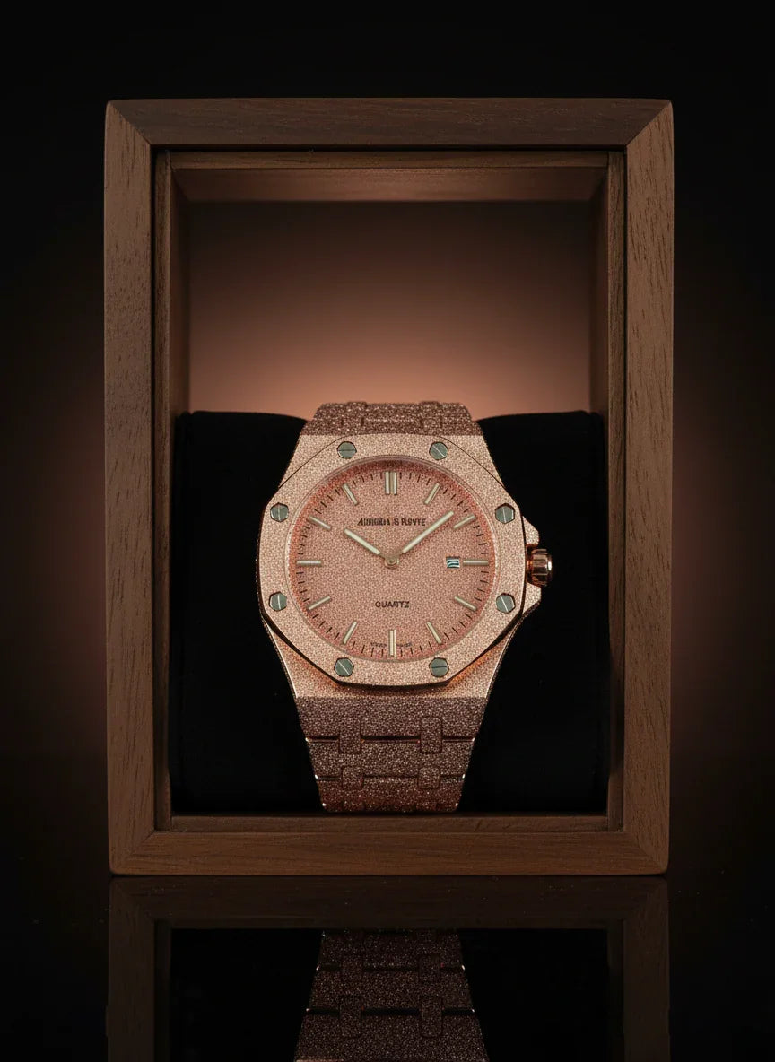 Luxury watch with wooden strap in a wooden display case on a dark background