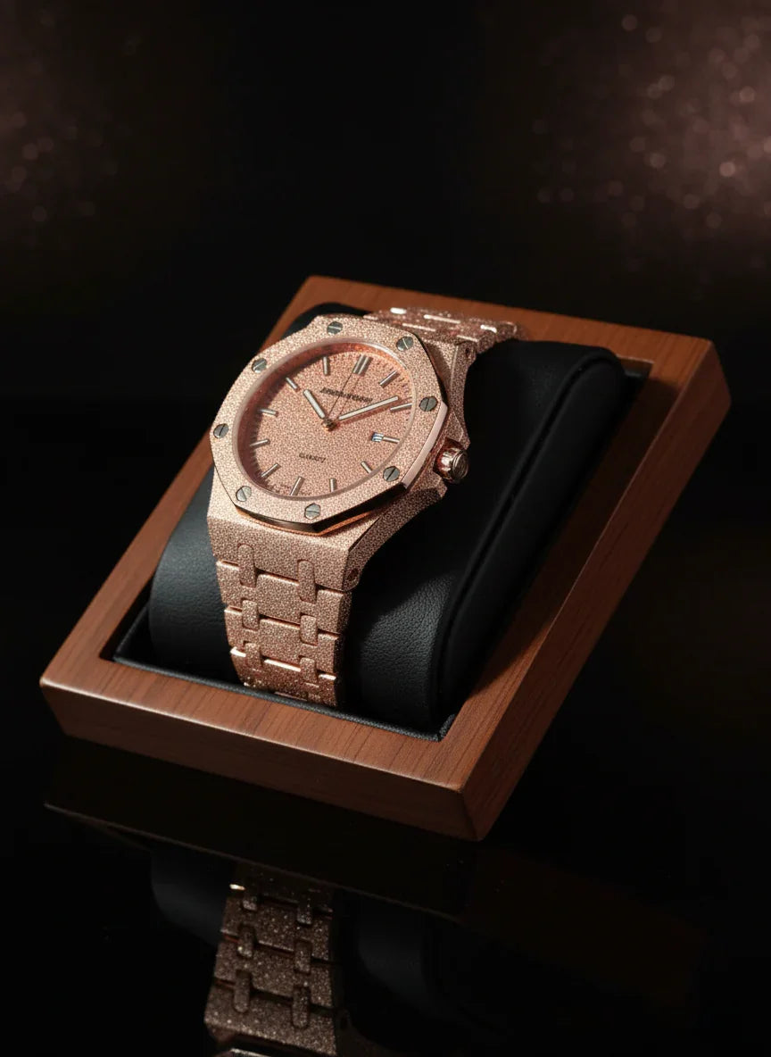 Rose gold watch with diamond accents on a wooden display box against a dark background