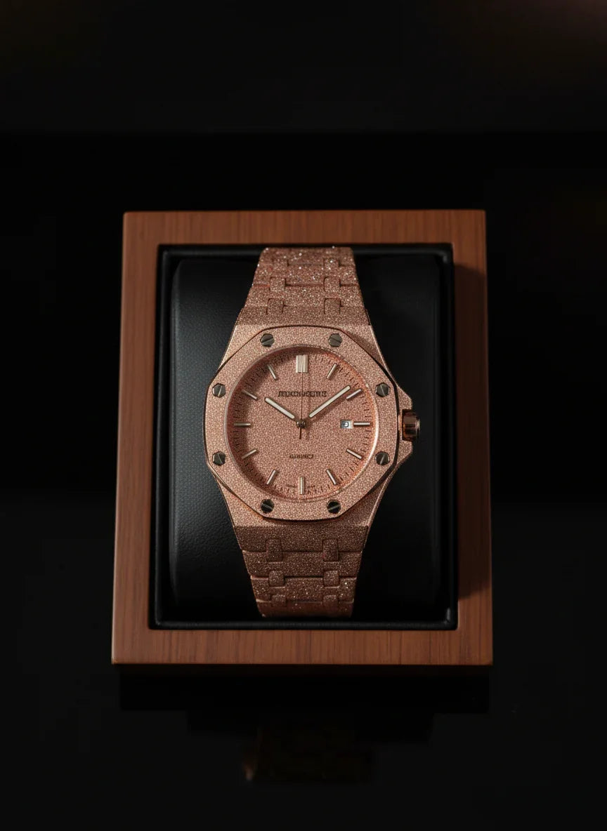 Wooden watch in a display box on a black background