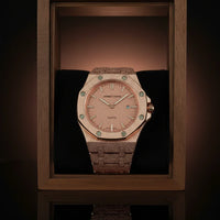 Luxury watch with a wooden strap in a wooden box on a reflective surface.