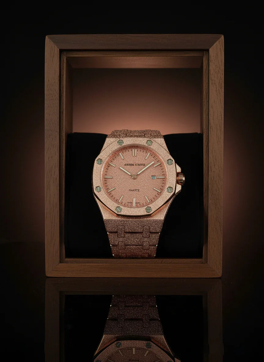 Luxury watch with a wooden strap in a wooden box on a reflective surface.