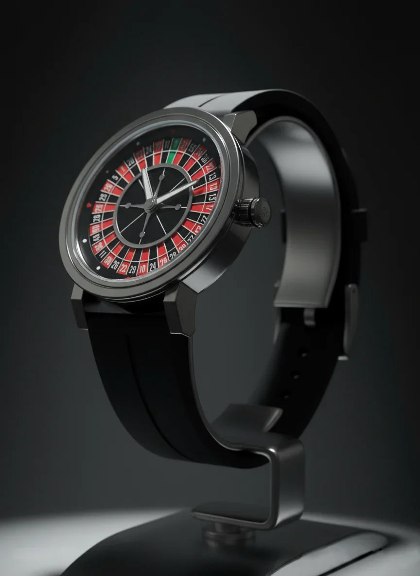 Black wristwatch with a roulette design on a dark background