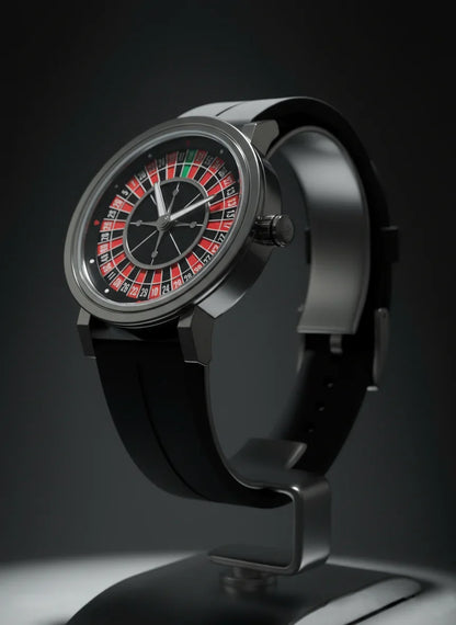 Black wristwatch with a roulette design on a dark background