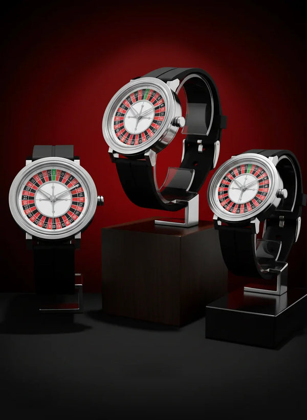 Three watches with unique designs on black stands against a red background