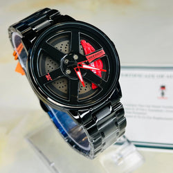 Black watch with red accents on a white background