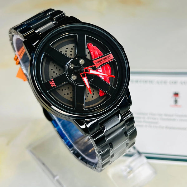 Black watch with red accents on a white background