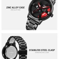 Black watch with red details and stainless steel clasp on a white background