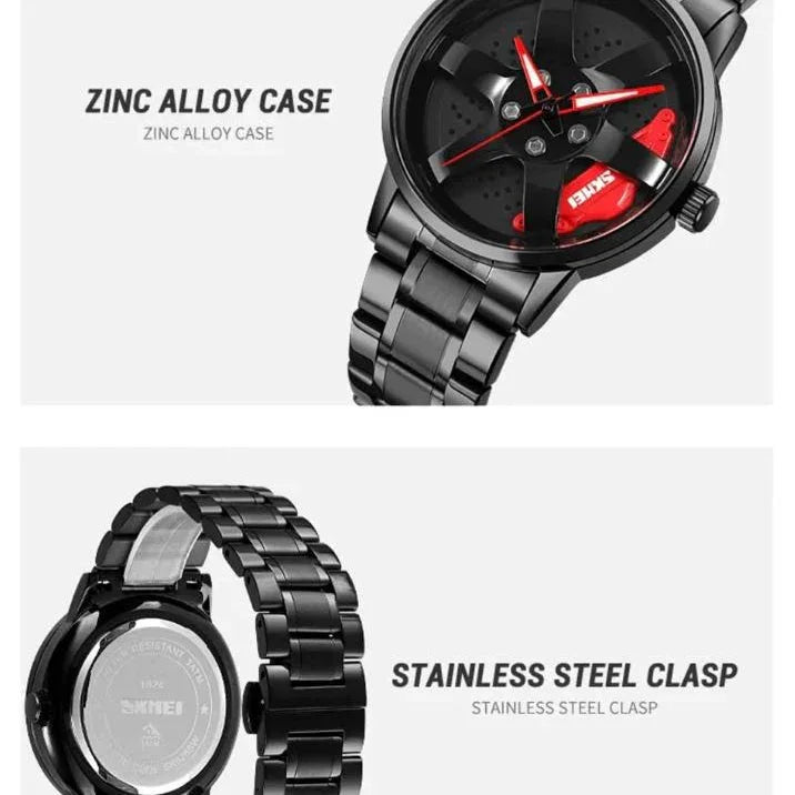 Black watch with red details and stainless steel clasp on a white background